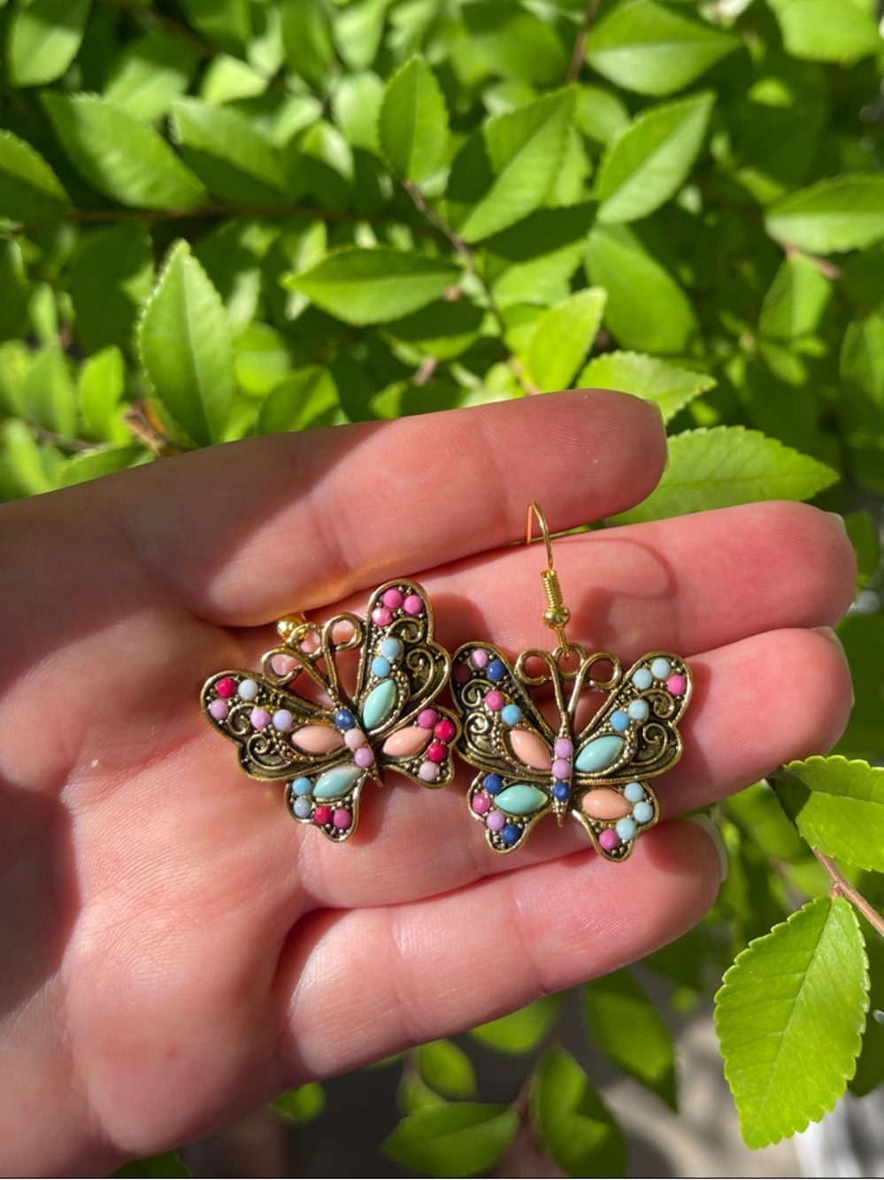New! Antique Gold Butterfly Drop Earrings with Pink, Blue & Turquoise Accents. 🦋 - Picture 2 of 5